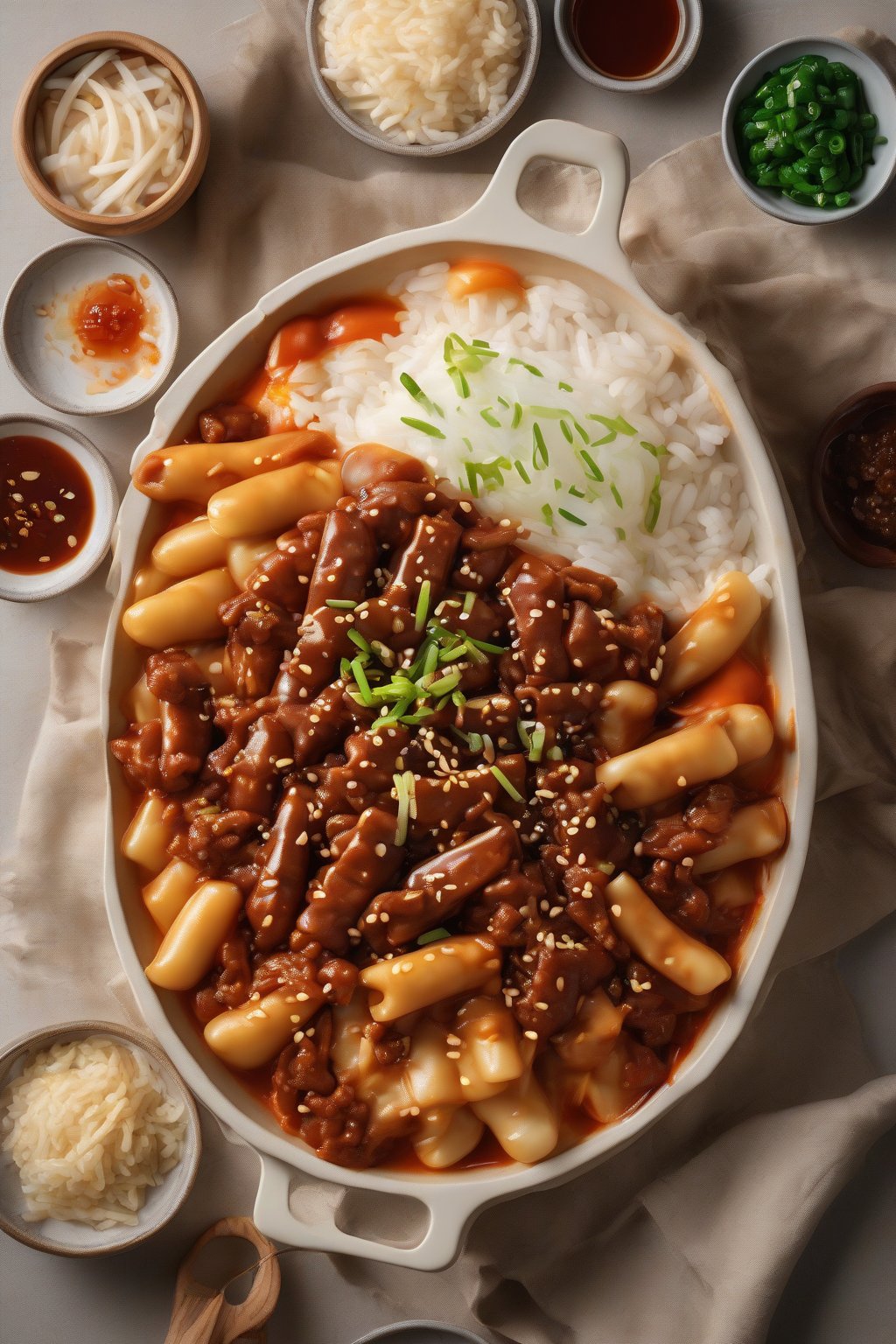 A high-resolution photo of bulgogi chewy tteokbokki with caramelized beef slices hugging rice cakes under soft lighting.