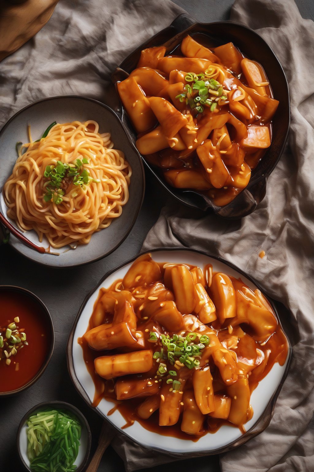 A high-resolution photo of sweet potato chewy tteokbokki with orange-hued noodles in glossy sauce under soft lighting.