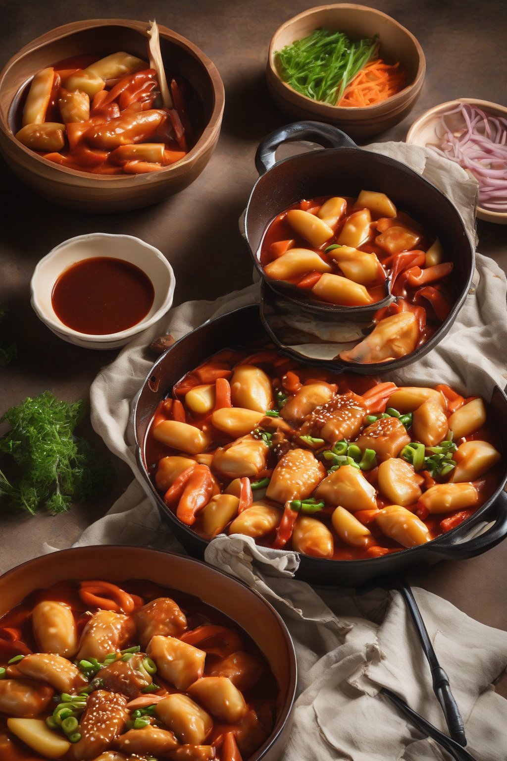 A high-resolution photo of jjimdak-style chewy tteokbokki with chicken, carrots, and potatoes in rich brown sauce under soft lighting.