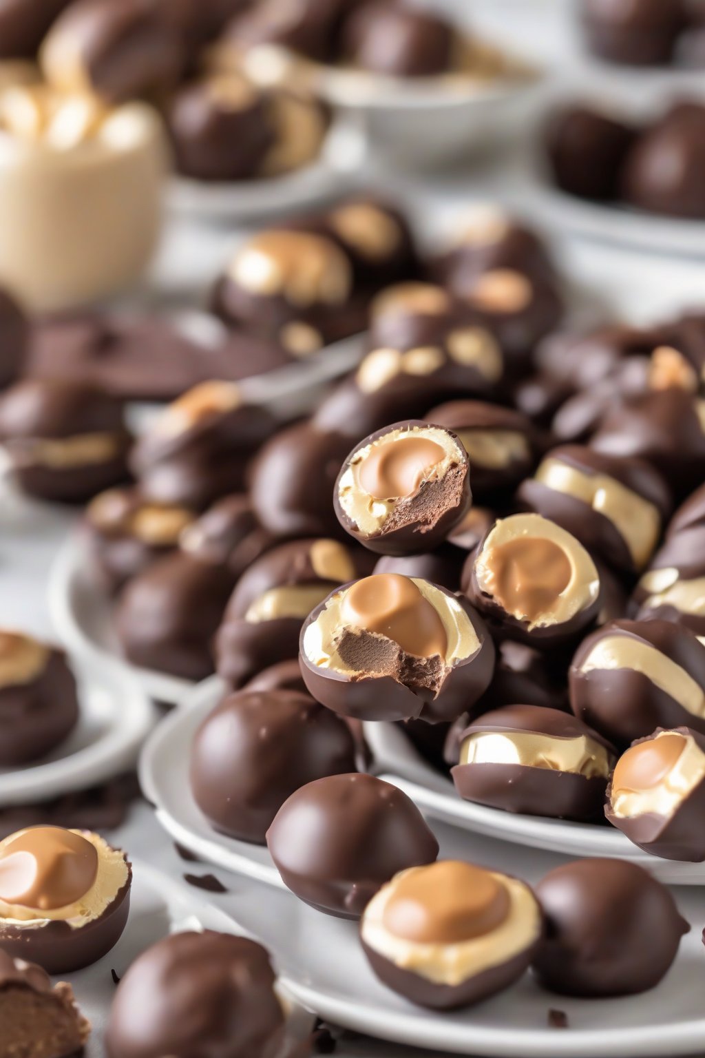 A high-resolution close-up photo of classic chocolate buckeyes on a white plate, peanut butter centers peeking out, under soft lighting.