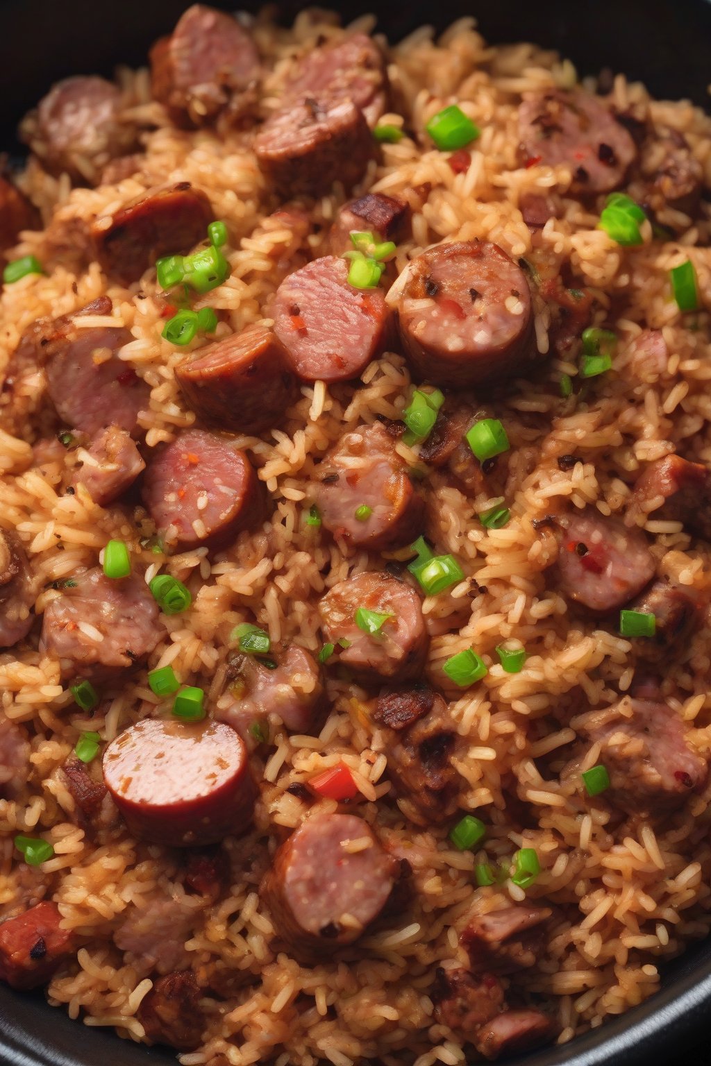 A high-resolution close-up photo of spicy andouille dirty rice with fiery red flecks and sausage chunks, steaming in a black bowl under soft lighting.
