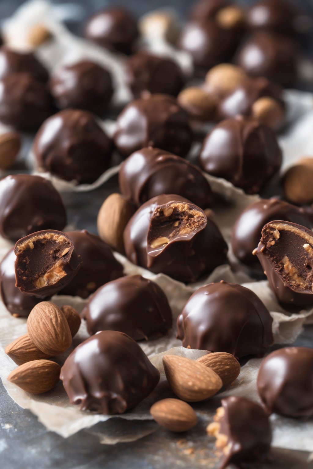 A high-resolution close-up photo of smooth almond butter chocolate buckeyes, elegant dark coating, under soft lighting.