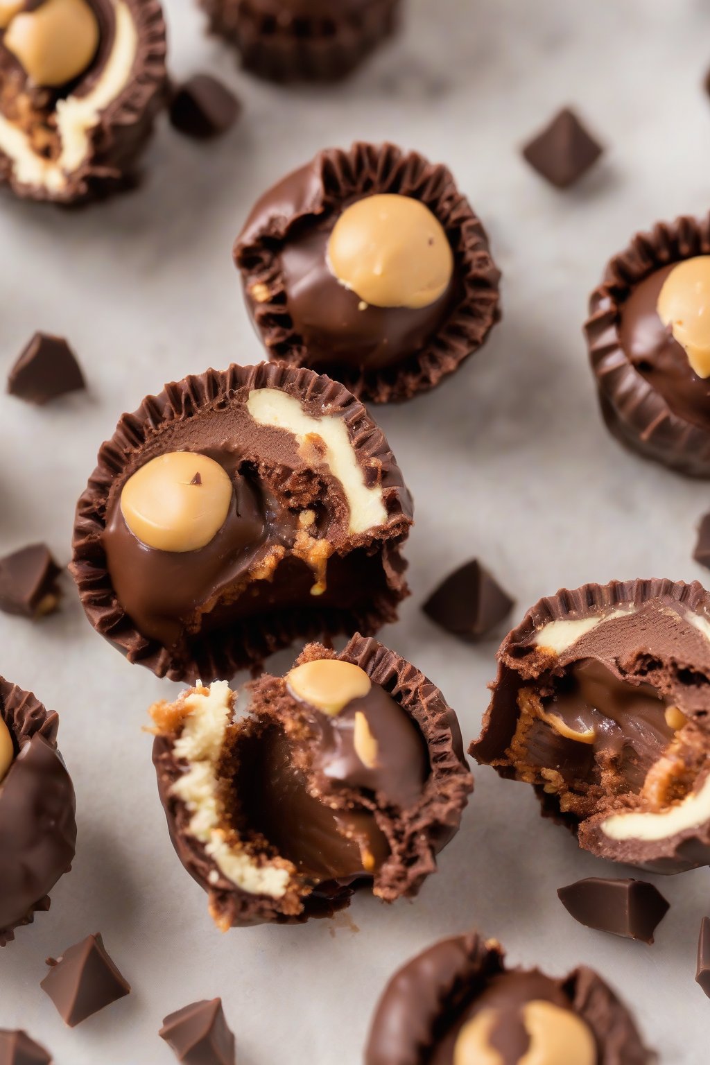 A high-resolution close-up photo of Reese's-stuffed chocolate buckeyes, cross-section showing filling, under soft lighting.