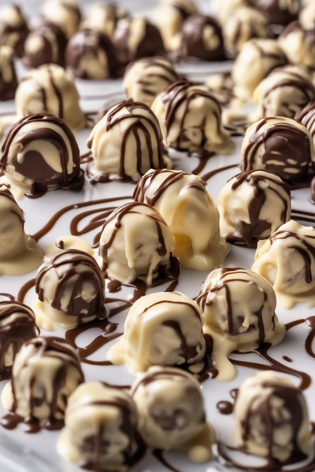 A high-resolution close-up photo of white chocolate drizzled buckeyes, artistic swirls on chocolate, under soft lighting.
