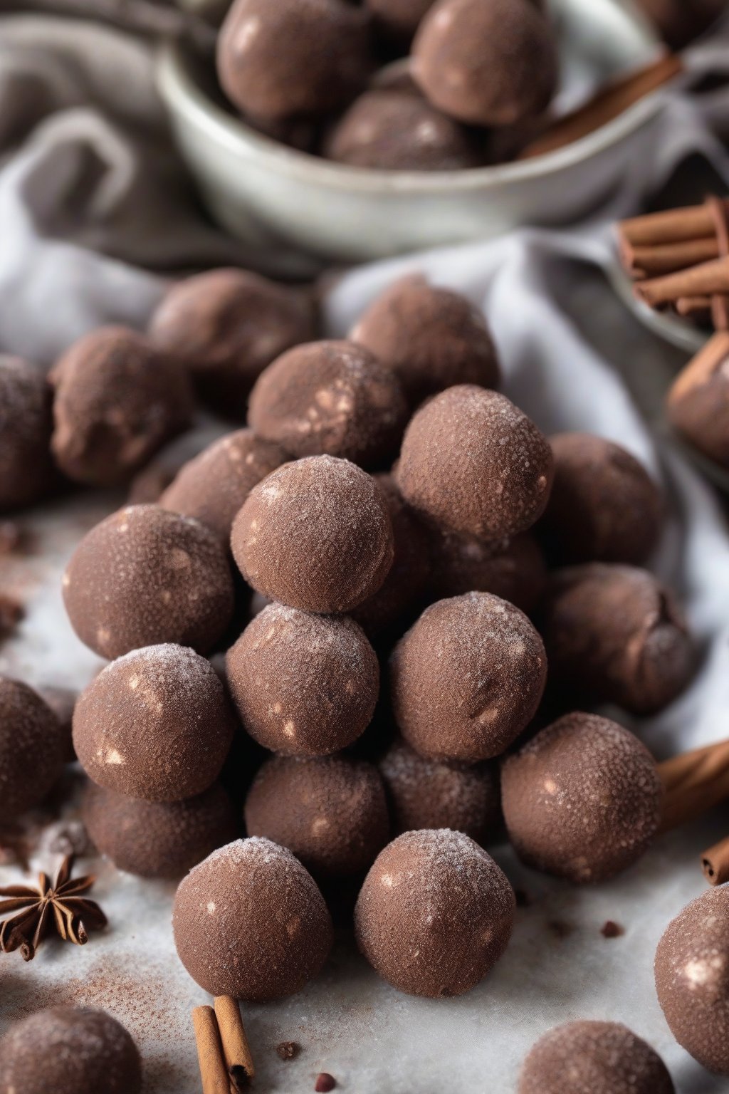 A high-resolution close-up photo of spiced chocolate buckeyes dusted with cinnamon, cozy holiday feel, under soft lighting.