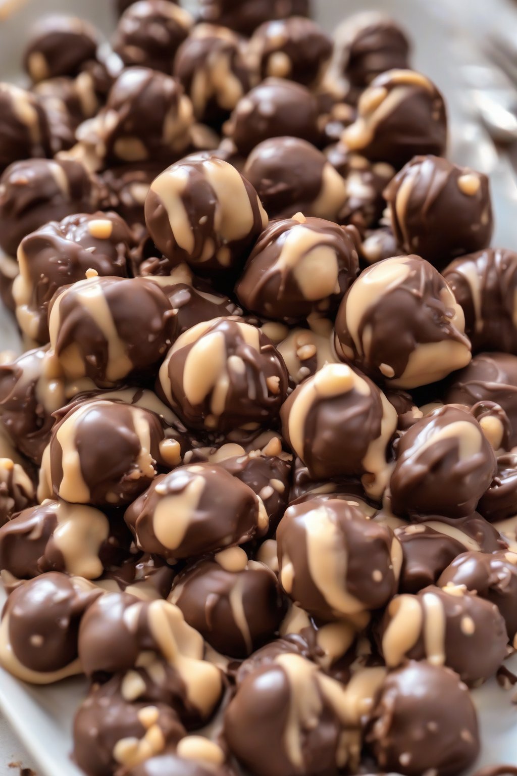 A high-resolution close-up photo of Nutella-swirled chocolate buckeyes, creamy hazelnut peek, under soft lighting.