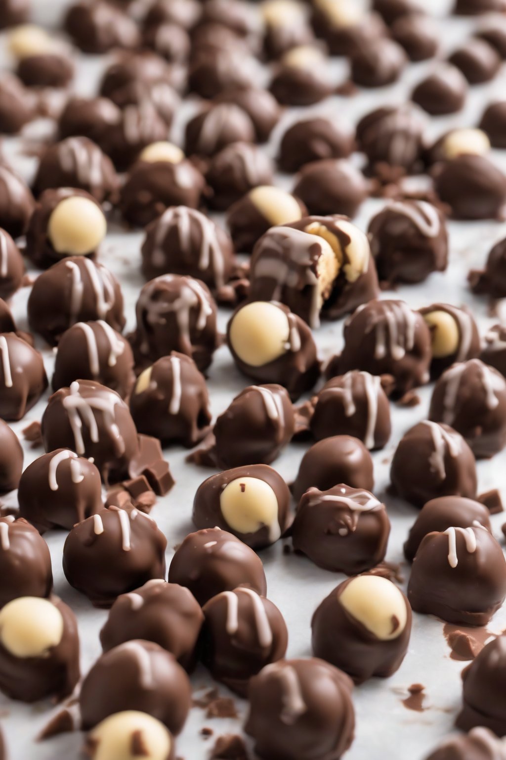 A high-resolution close-up photo of bourbon-infused chocolate buckeyes, sophisticated sheen, under soft lighting.
