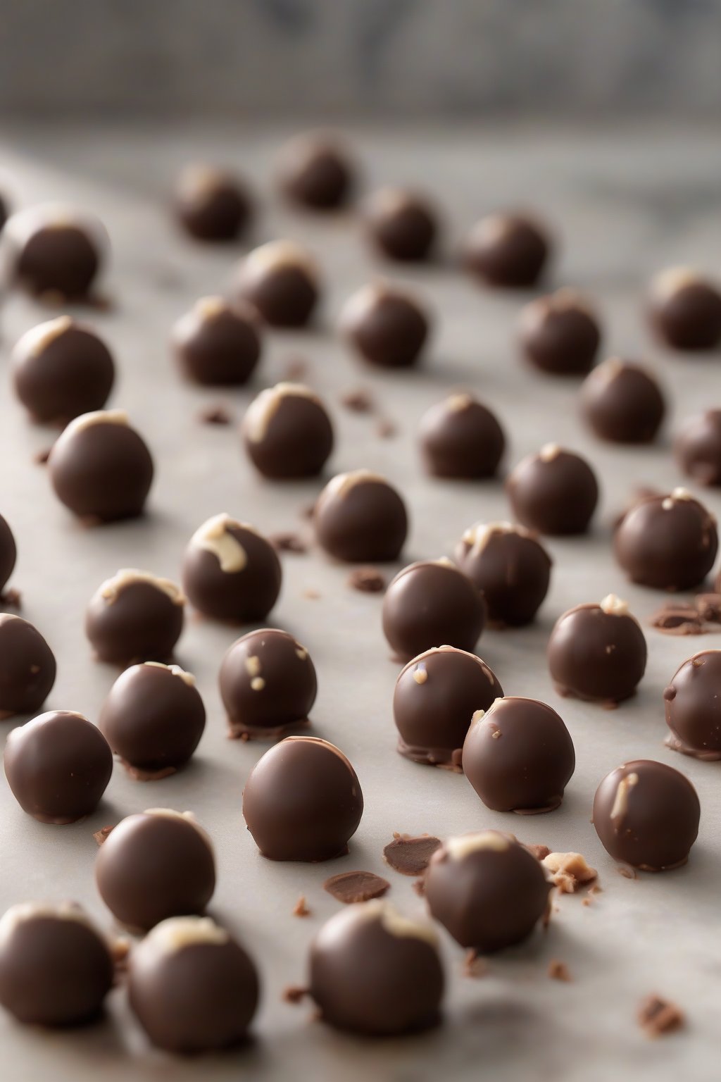 A high-resolution close-up photo of vegan chocolate buckeyes, pristine plant-based orbs, under soft lighting.