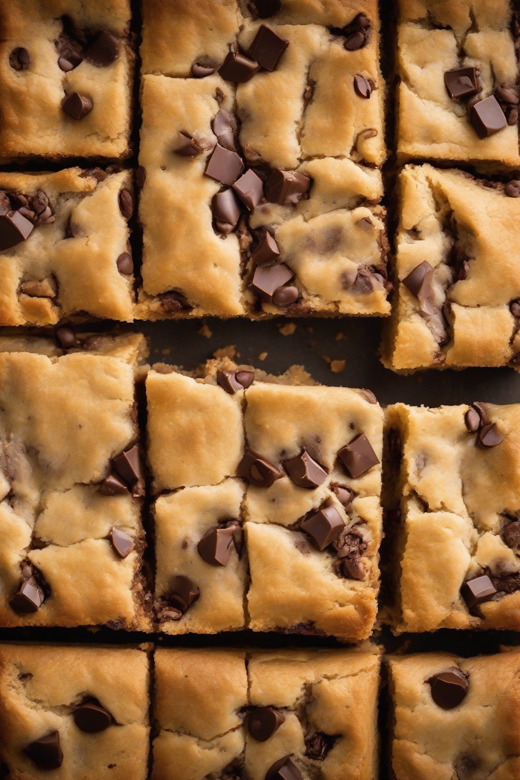 A high-resolution photo of classic chewy blondies cut into squares, revealing a fudgy center with chocolate chips, under soft lighting.