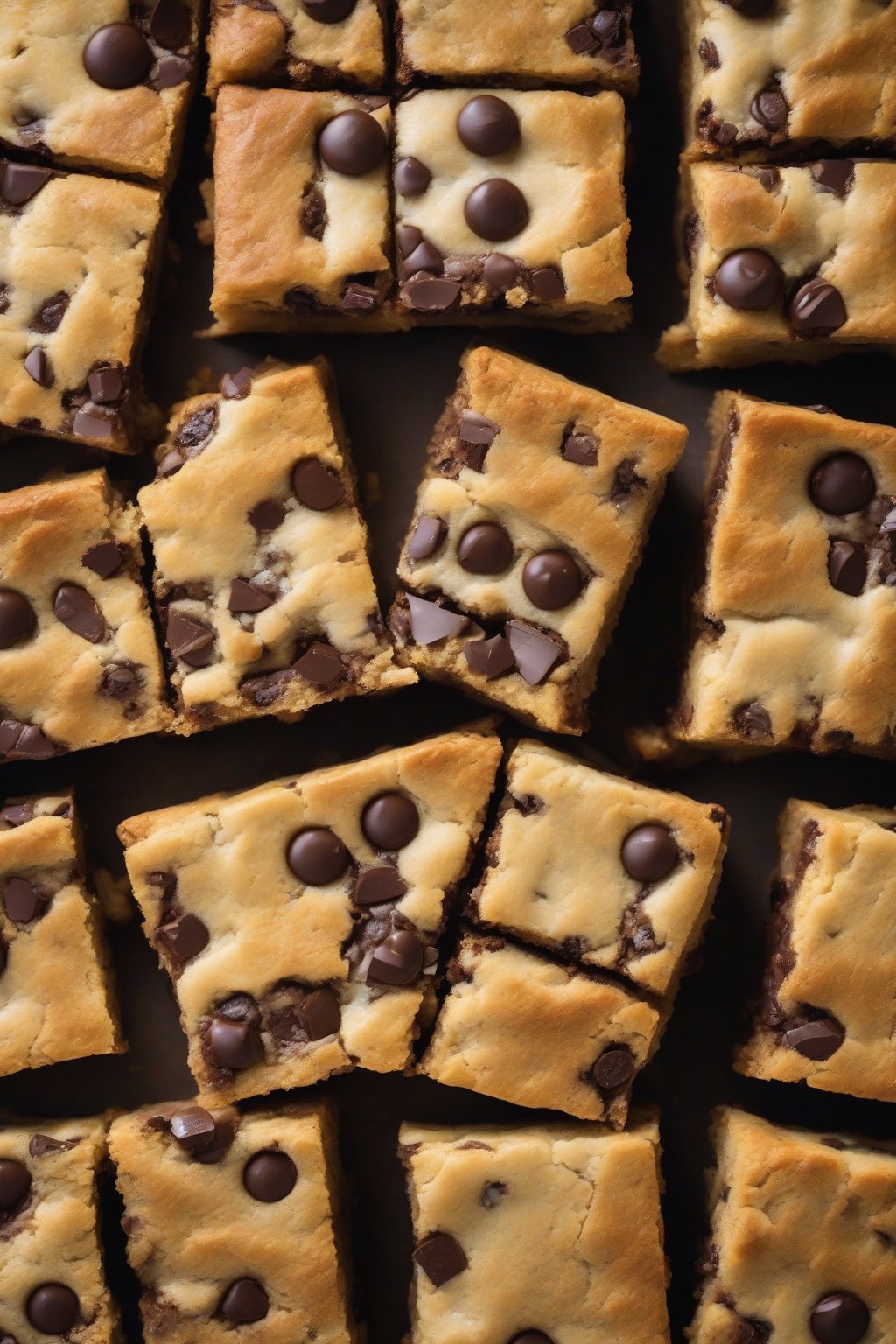 A high-resolution photo of chocolate chip overload chewy blondies, gooey with multiple chocolate varieties oozing out, under soft lighting.