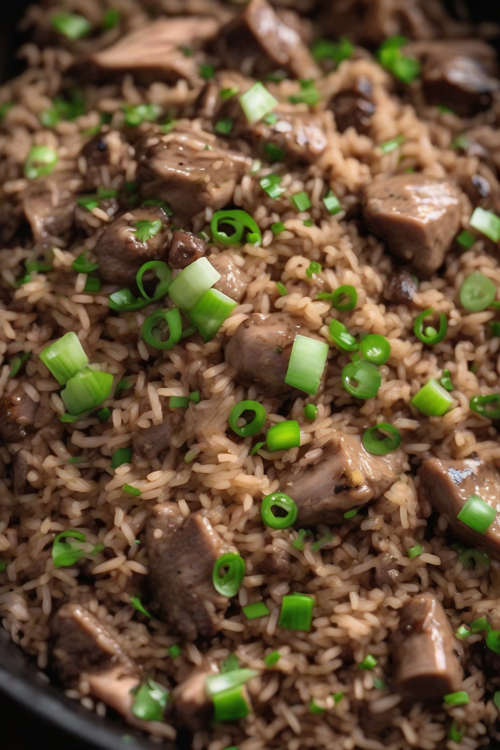 A high-resolution close-up photo of chicken liver dirty rice with its signature dark, speckled texture, topped with green onions under soft lighting.