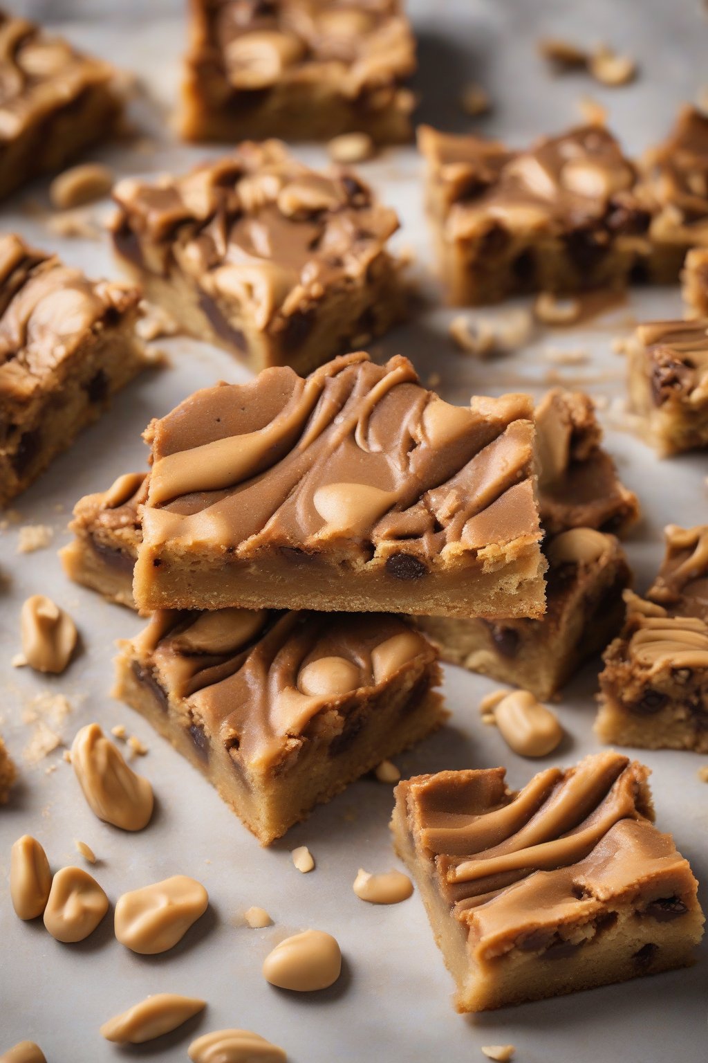 A high-resolution photo of peanut butter swirl chewy blondies, with visible creamy swirls and melty chips, under soft lighting.