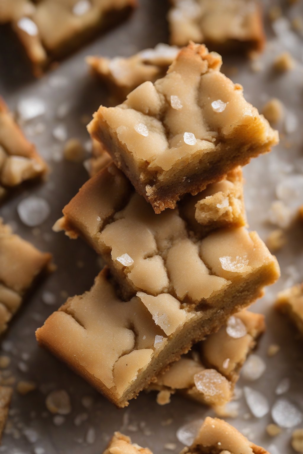 A high-resolution photo of brown butter sea salt chewy blondies, golden with crunchy salt flecks on top, under soft lighting.