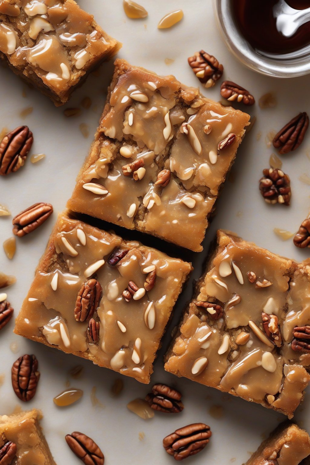 A high-resolution photo of maple pecan chewy blondies, studded with nuts and glistening with syrup, under soft lighting.