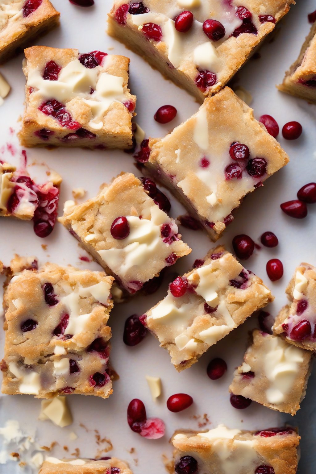 A high-resolution photo of white chocolate cranberry chewy blondies, bright red berries peeking through white chips, under soft lighting.