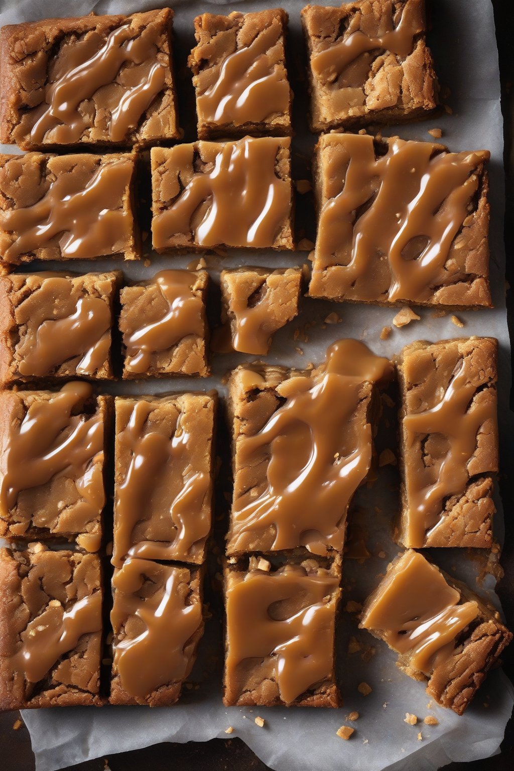 A high-resolution photo of salted caramel chewy blondies, oozing golden caramel rivers, under soft lighting.