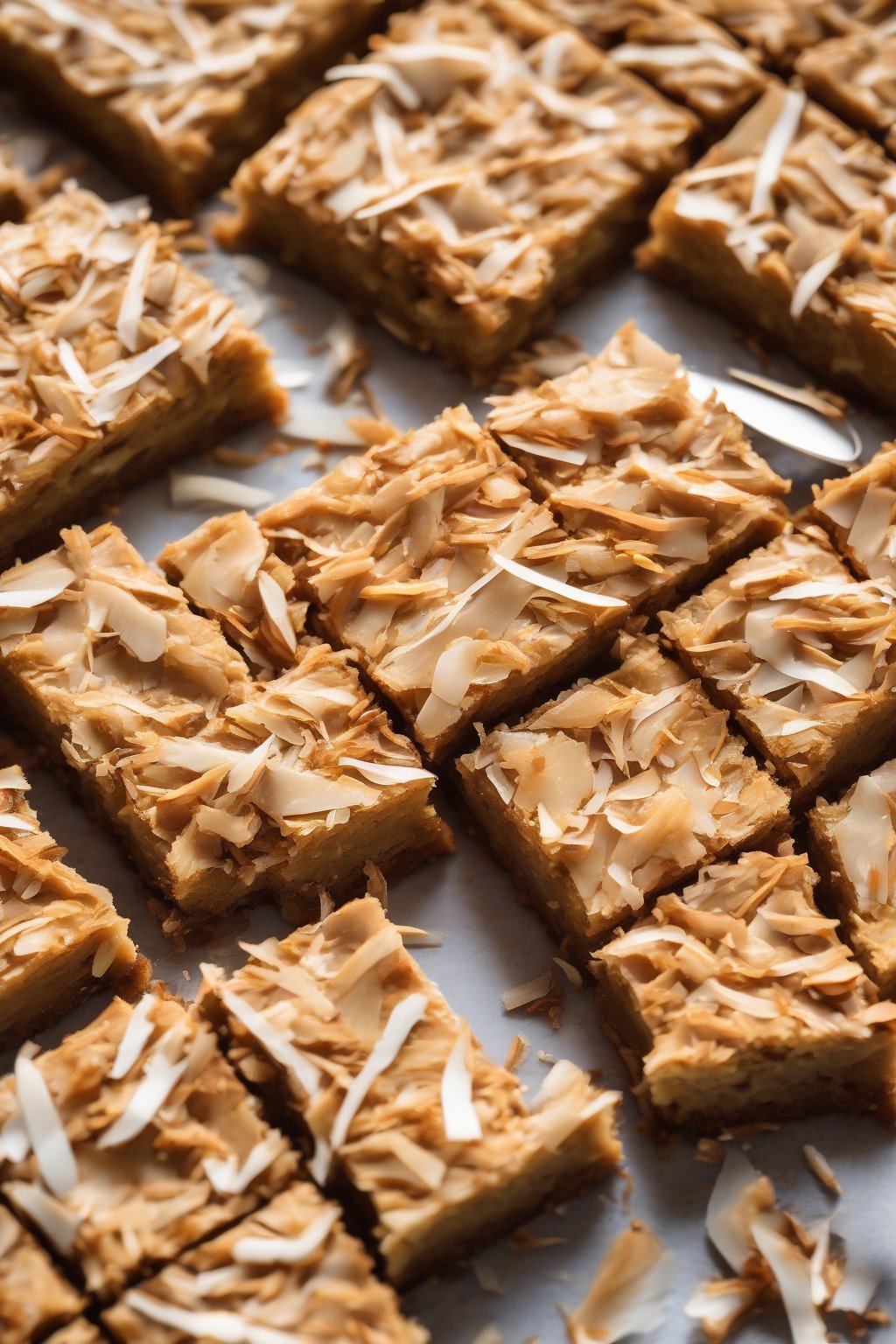 A high-resolution photo of toasted coconut chewy blondies, golden shreds on a fudgy base, under soft lighting.