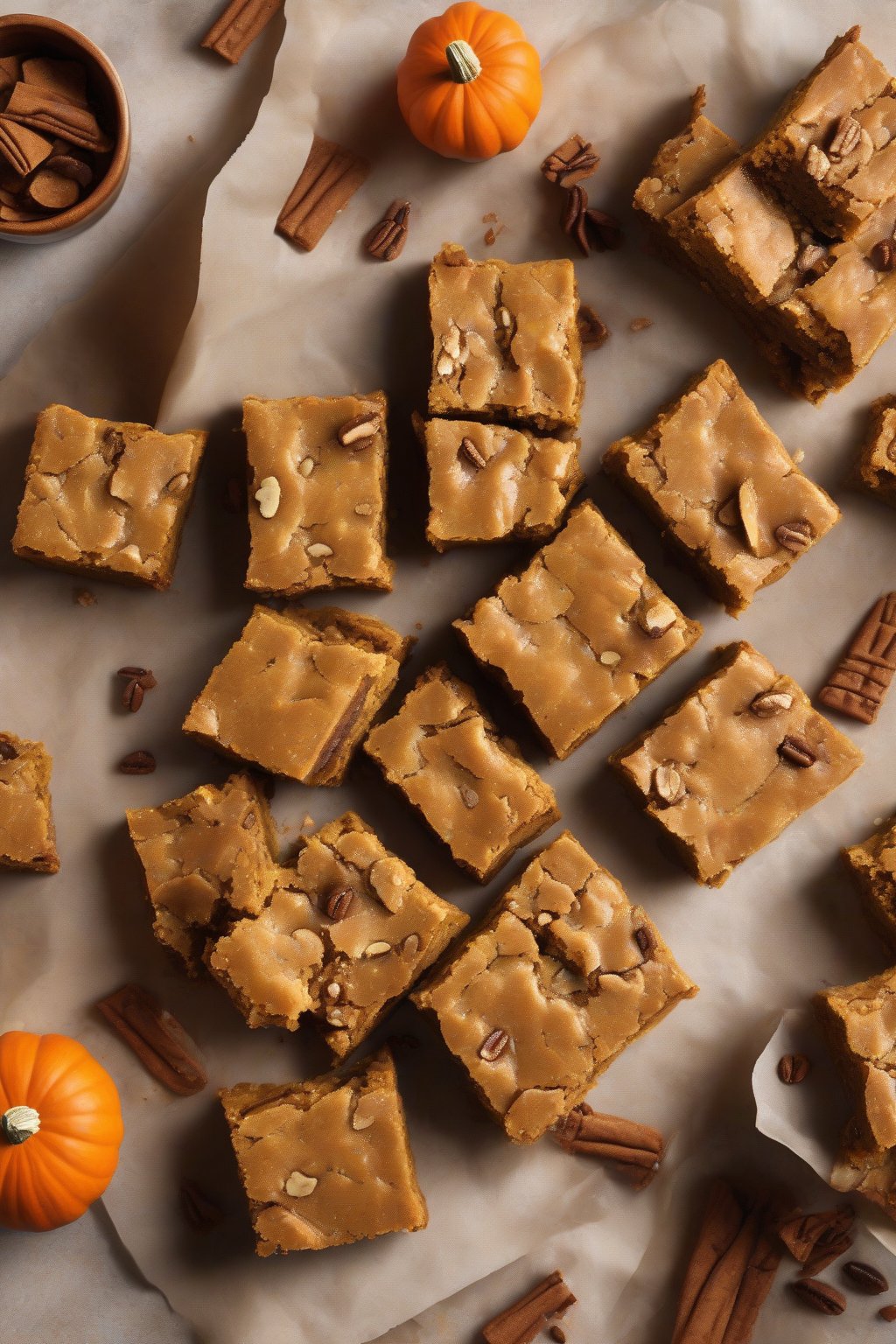 A high-resolution photo of pumpkin spice chewy blondies, spiced orange hue with chips, under soft lighting.