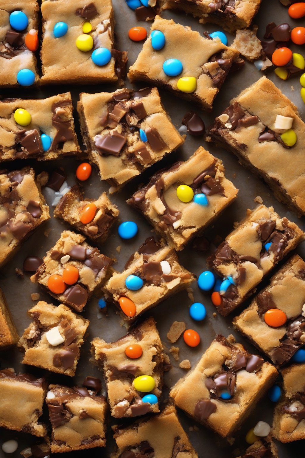 A high-resolution photo of Snickers-stuffed chewy blondies, candy pieces melting out, under soft lighting.