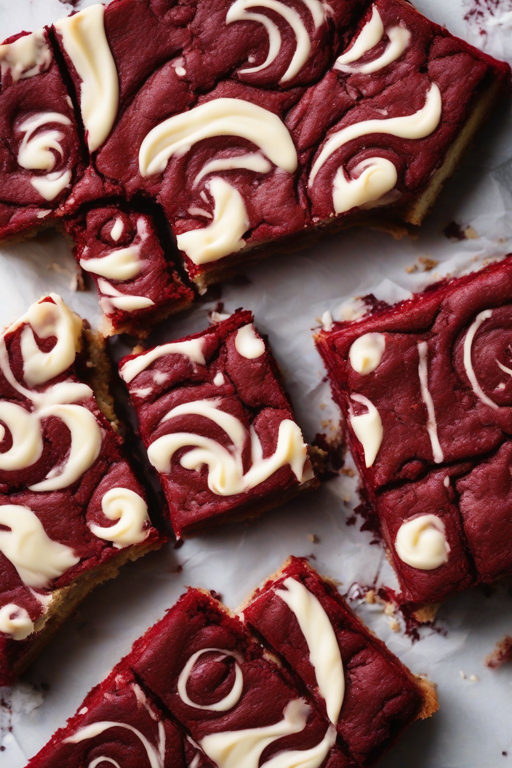 A high-resolution photo of red velvet chewy blondies with cream cheese swirls, rich red fudgy interior, under soft lighting.