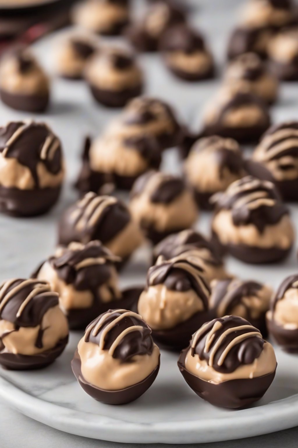 A high-resolution photo of classic peanut butter buckeyes with chocolate-dipped bottoms and exposed creamy centers on a festive platter under soft lighting.