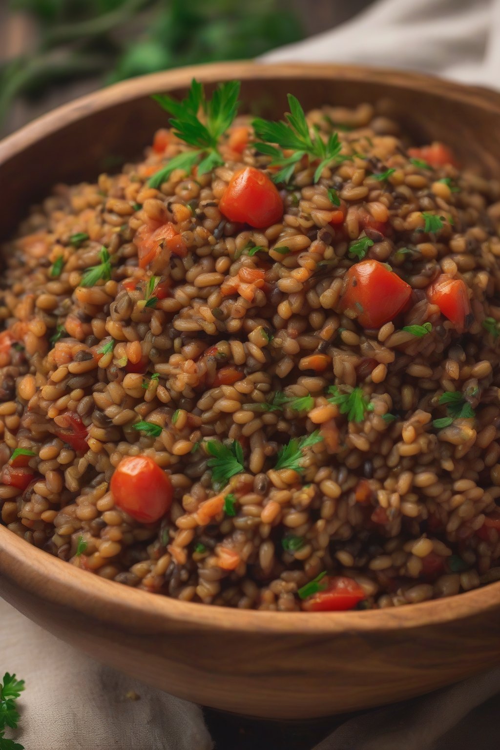 A high-resolution close-up photo of vegan lentil dirty rice with vibrant tomato reds and herb flecks, in a wooden bowl under soft lighting.