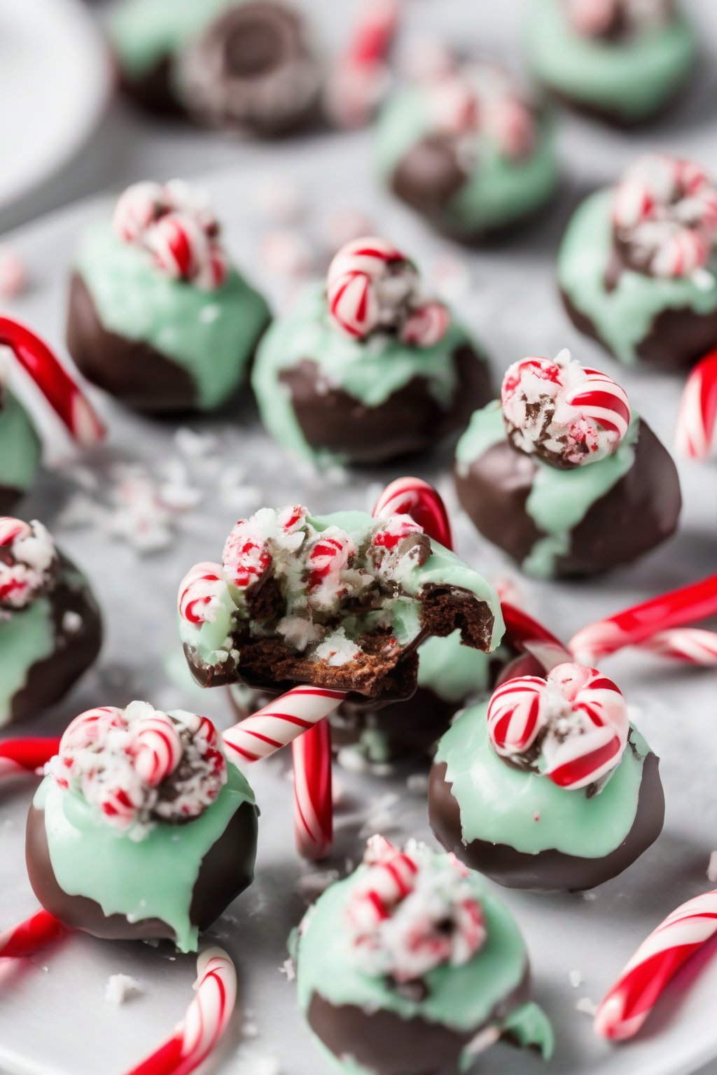 A high-resolution photo of mint chocolate buckeyes topped with crushed candy canes on a white plate under soft lighting.