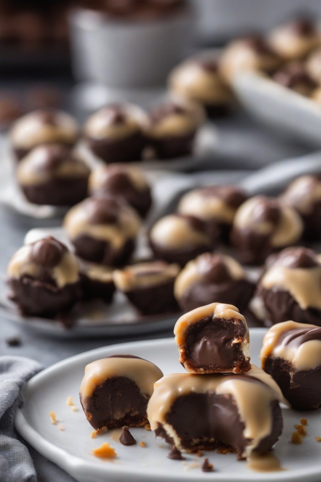 A high-resolution photo of Reese's stuffed buckeyes with gooey chocolate centers peeking out under soft lighting.