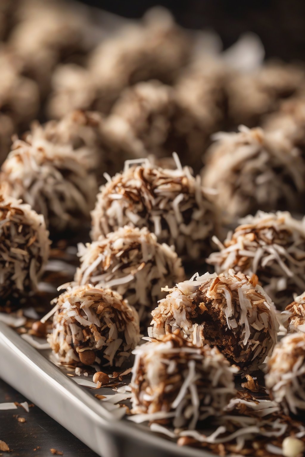 A high-resolution photo of coconut crunch buckeyes rolled in toasted shreds on a holiday tray under soft lighting.