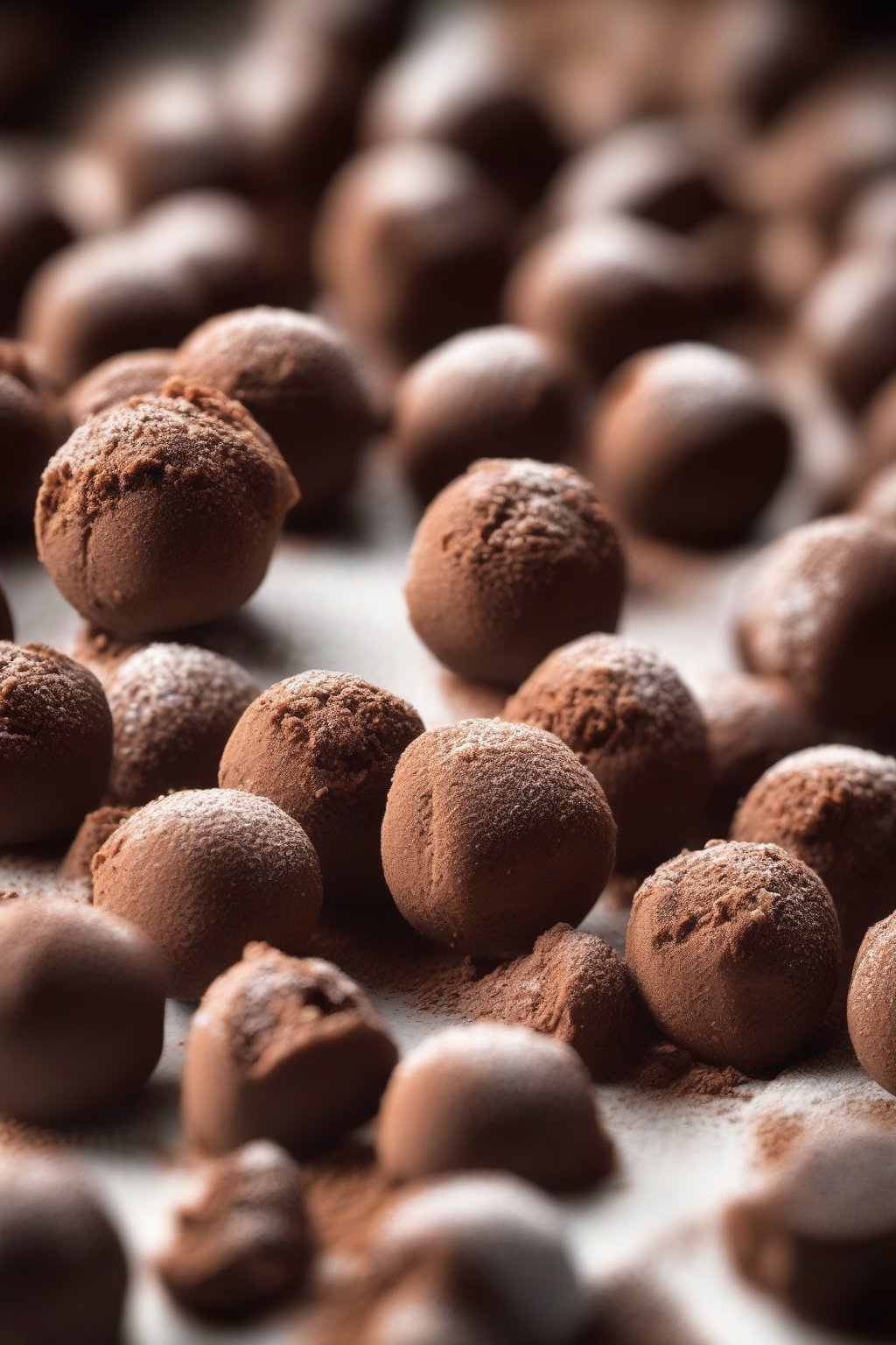 A high-resolution photo of espresso buckeyes dusted with cocoa powder under soft lighting.