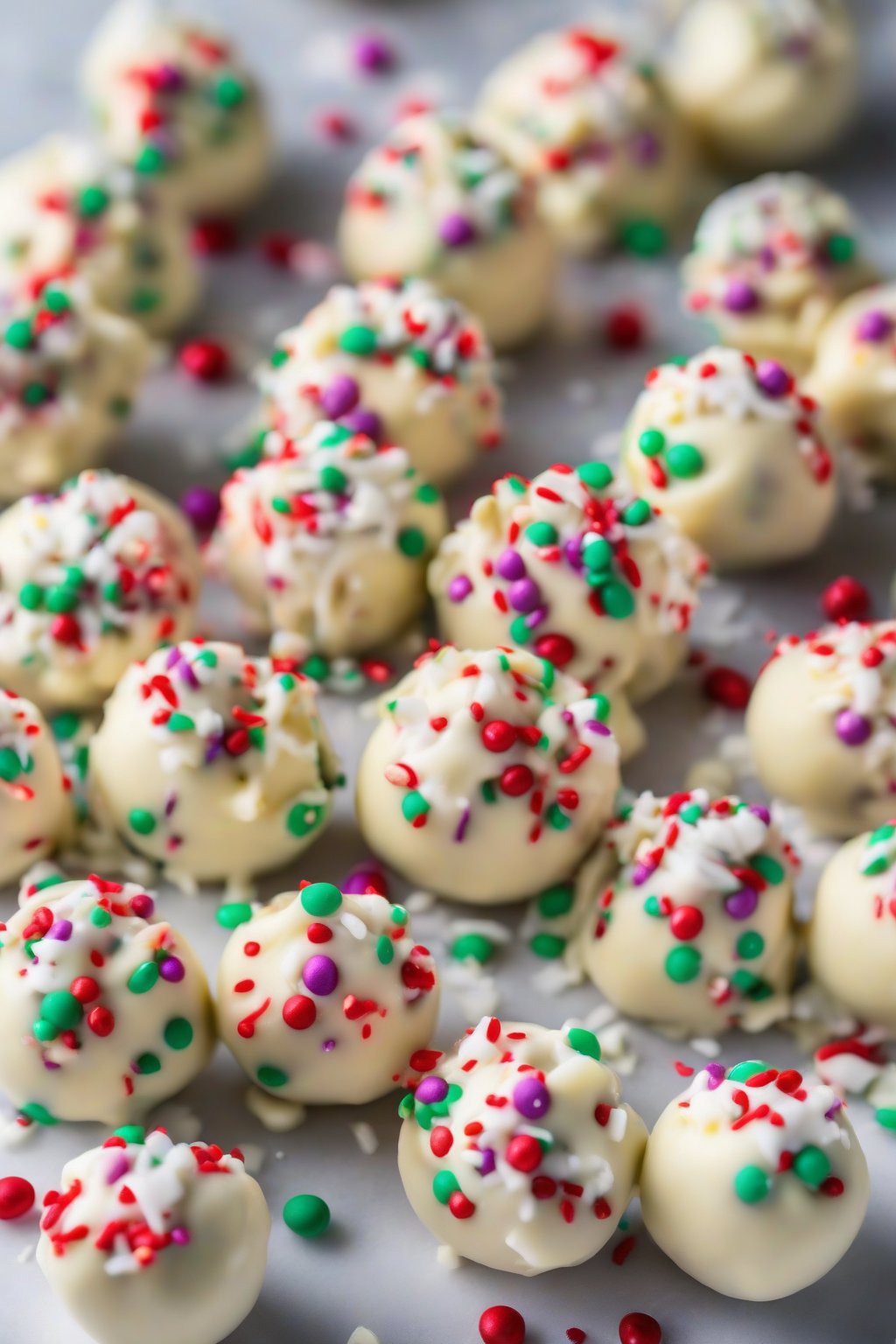 A high-resolution photo of colorful white chocolate holiday buckeyes with sprinkles under soft lighting.