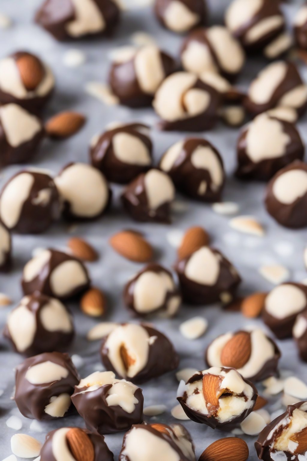 A high-resolution photo of almond joy buckeyes topped with almonds under soft lighting.
