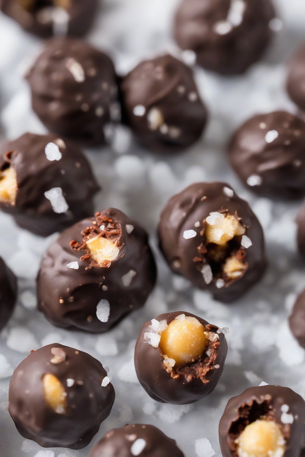 A high-resolution photo of spicy chili chocolate buckeyes garnished with salt flakes under soft lighting.