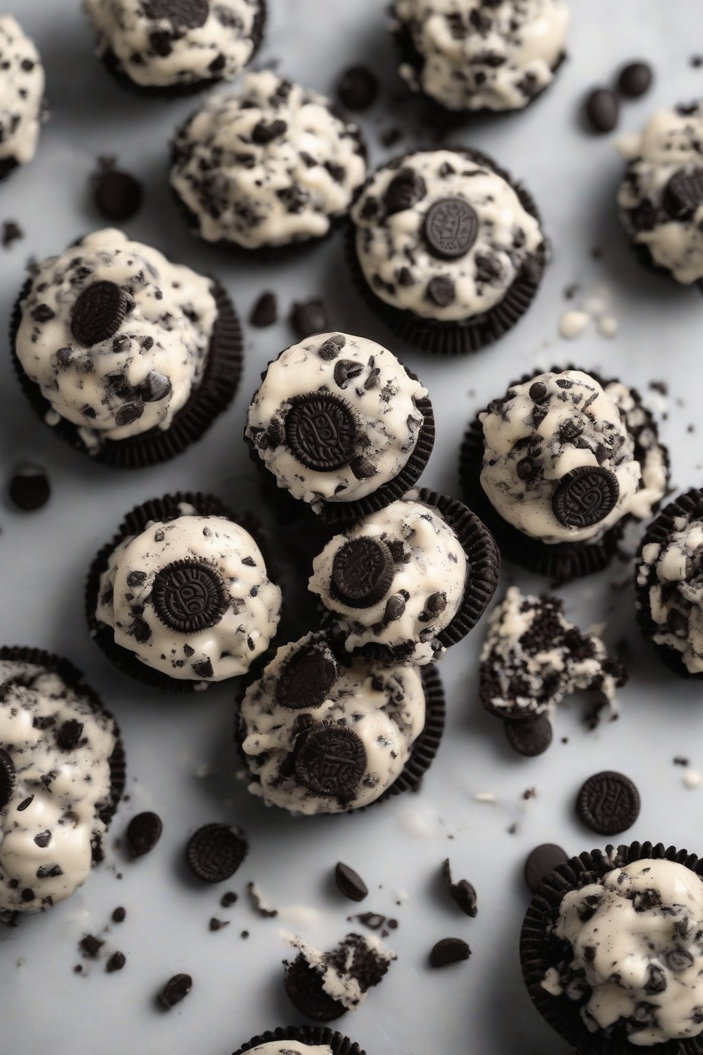 A high-resolution photo of Oreo crumble buckeyes with black-white flecks under soft lighting.
