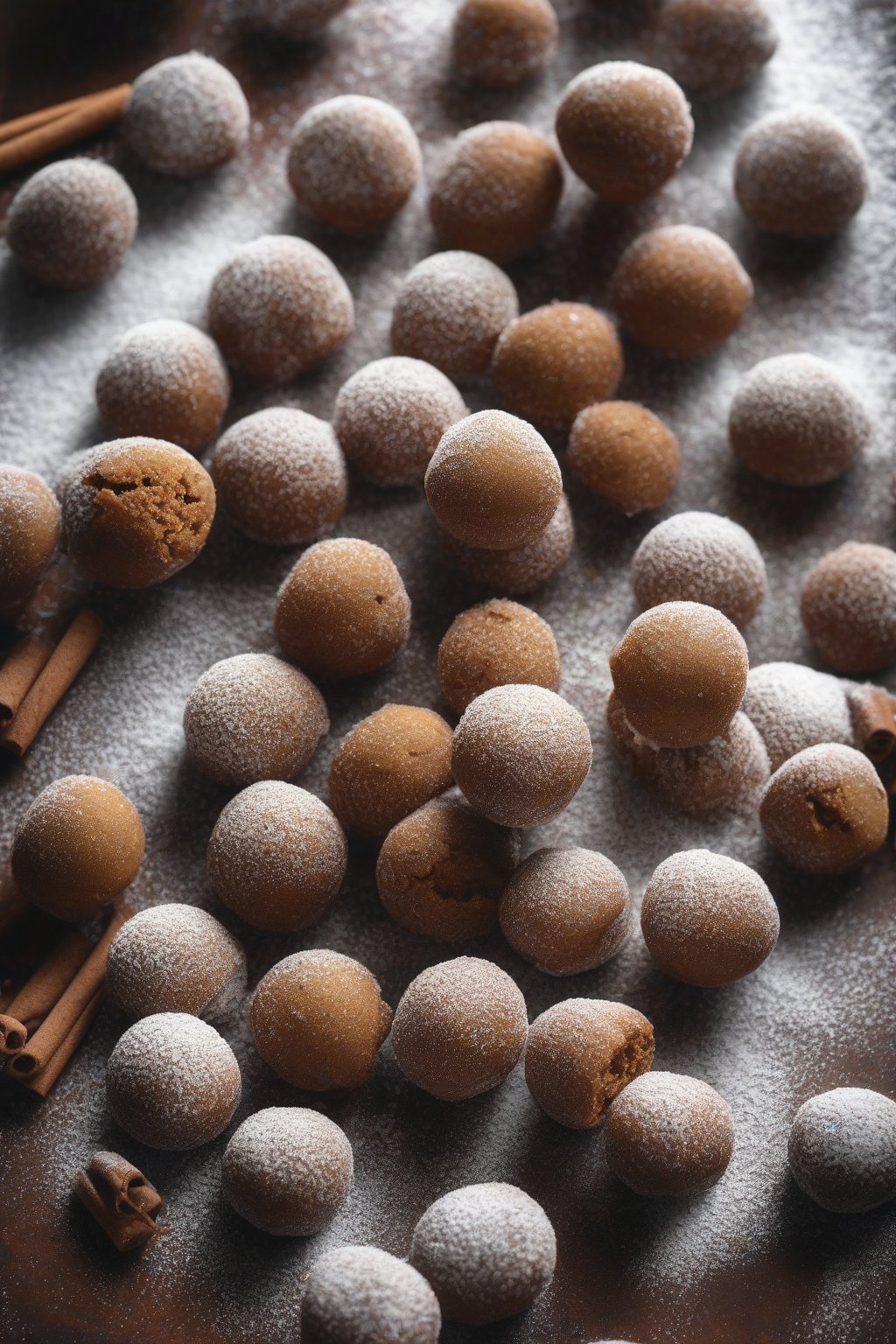 A high-resolution photo of gingerbread spice buckeyes dusted with sugar under soft lighting.