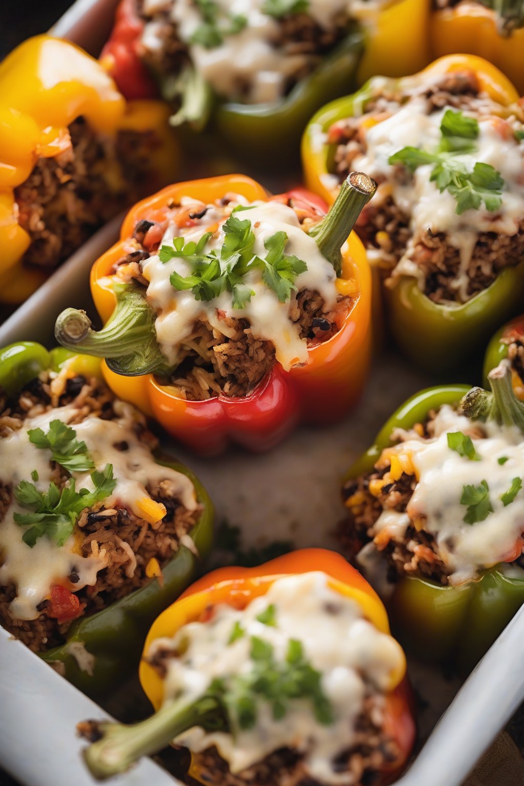 A high-resolution close-up photo of dirty rice stuffed bell peppers, halved and cheesy, fresh from the oven under soft lighting.