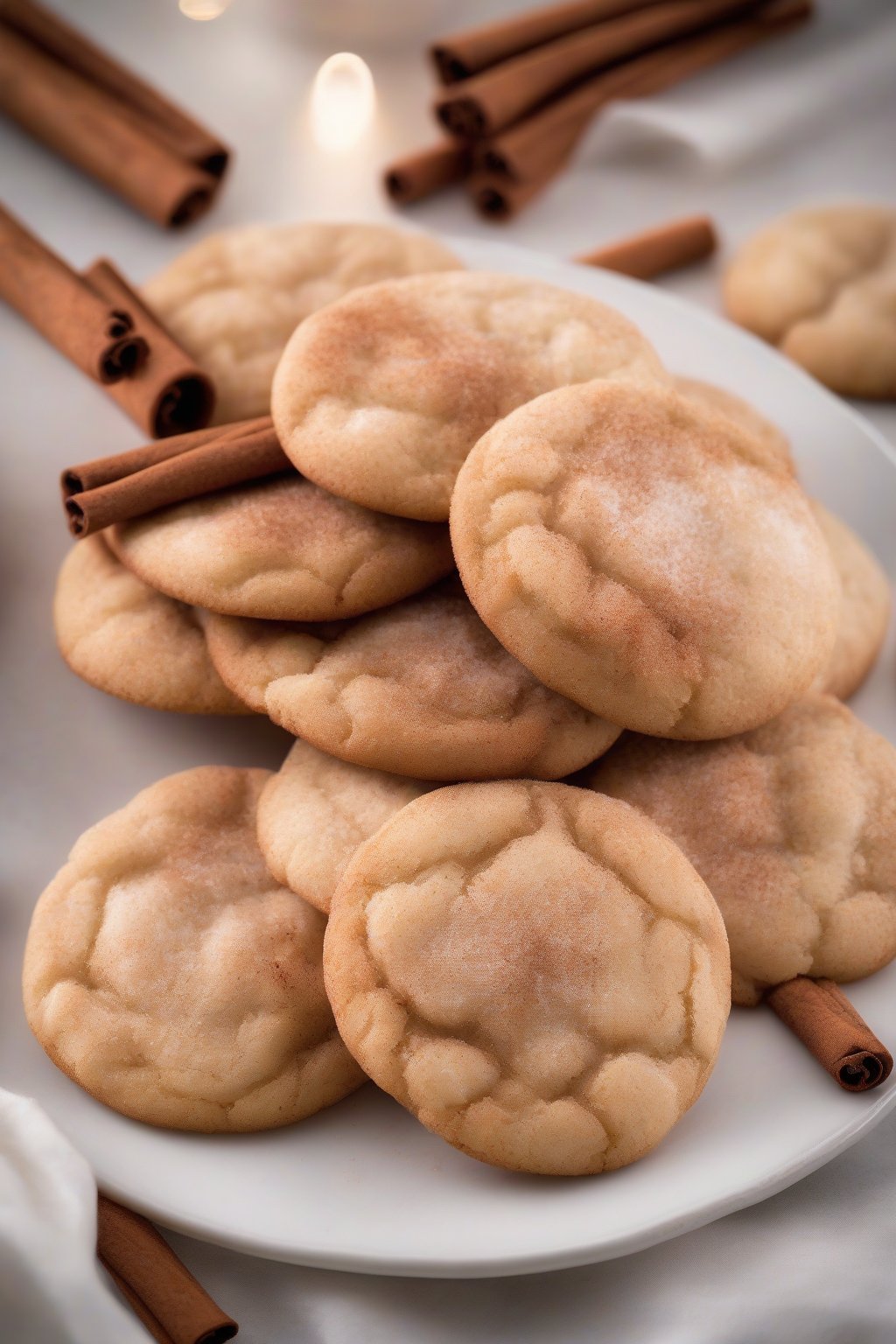 A high-resolution photo of classic cinnamon snickerdoodle cookies with crinkly tops on a white plate under soft lighting.
