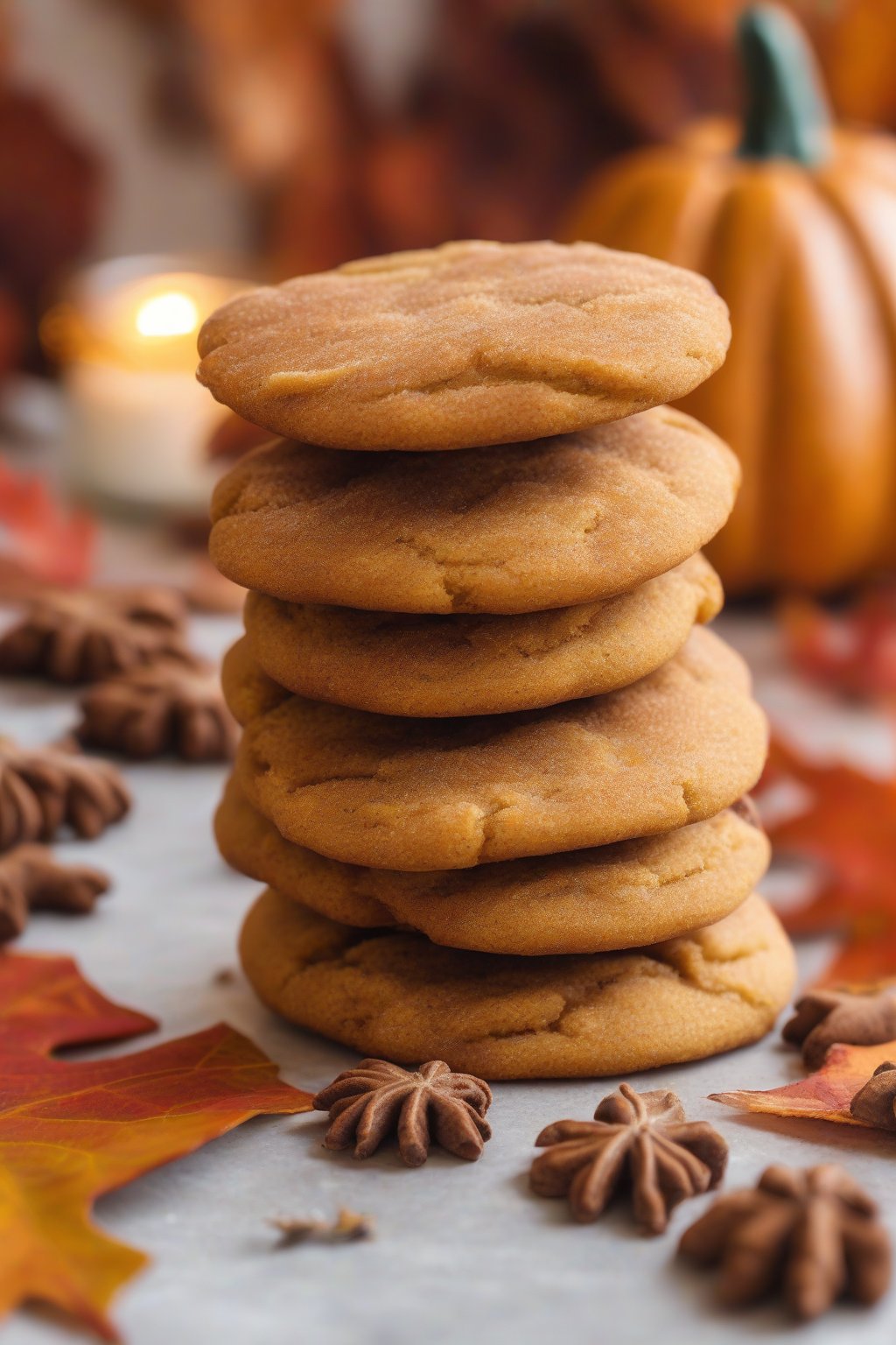 A high-resolution photo of pumpkin spice snickerdoodle cookies stacked with fall leaves in the background under soft lighting.
