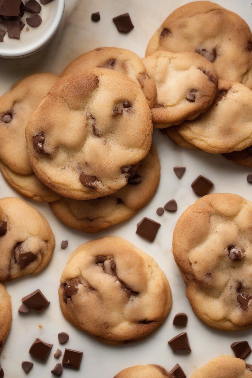 A high-resolution photo of chocolate chip snickerdoodle cookies oozing melty chips under soft lighting.