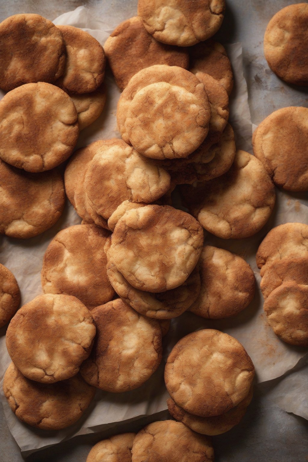 A high-resolution photo of gluten-free snickerdoodle cookies piled high on a rustic board under soft lighting.