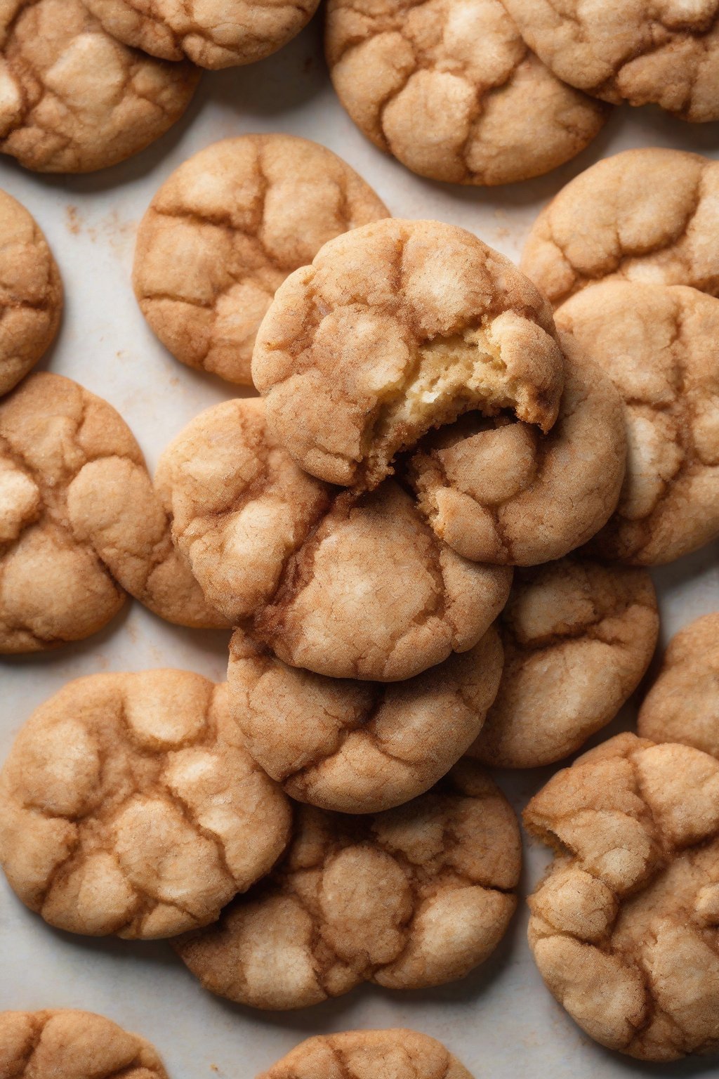 A high-resolution photo of vegan snickerdoodle cookies with a perfect crinkle pattern under soft lighting.