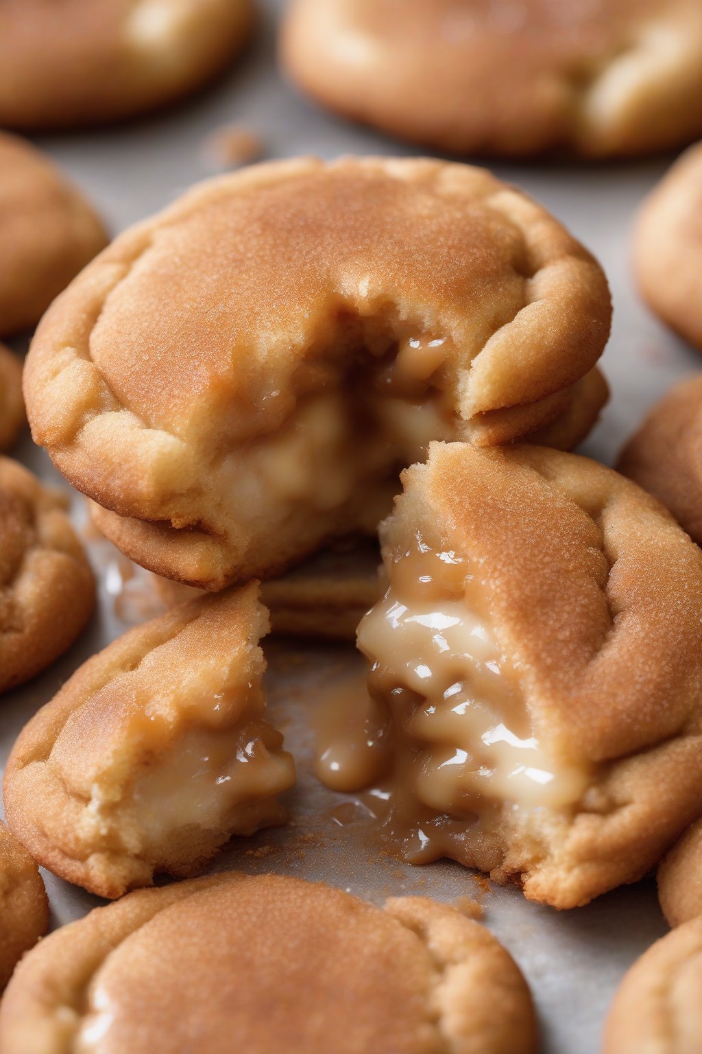 A high-resolution photo of a salted caramel stuffed snickerdoodle cut open revealing gooey filling under soft lighting.