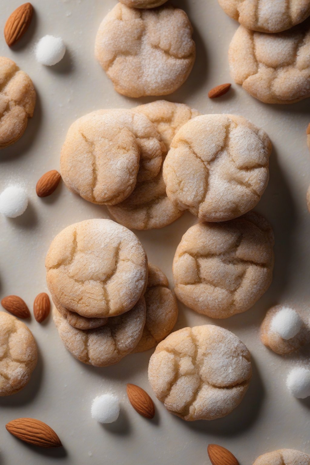 A high-resolution photo of almond snickerdoodle cookies dusted with powdered sugar under soft lighting.