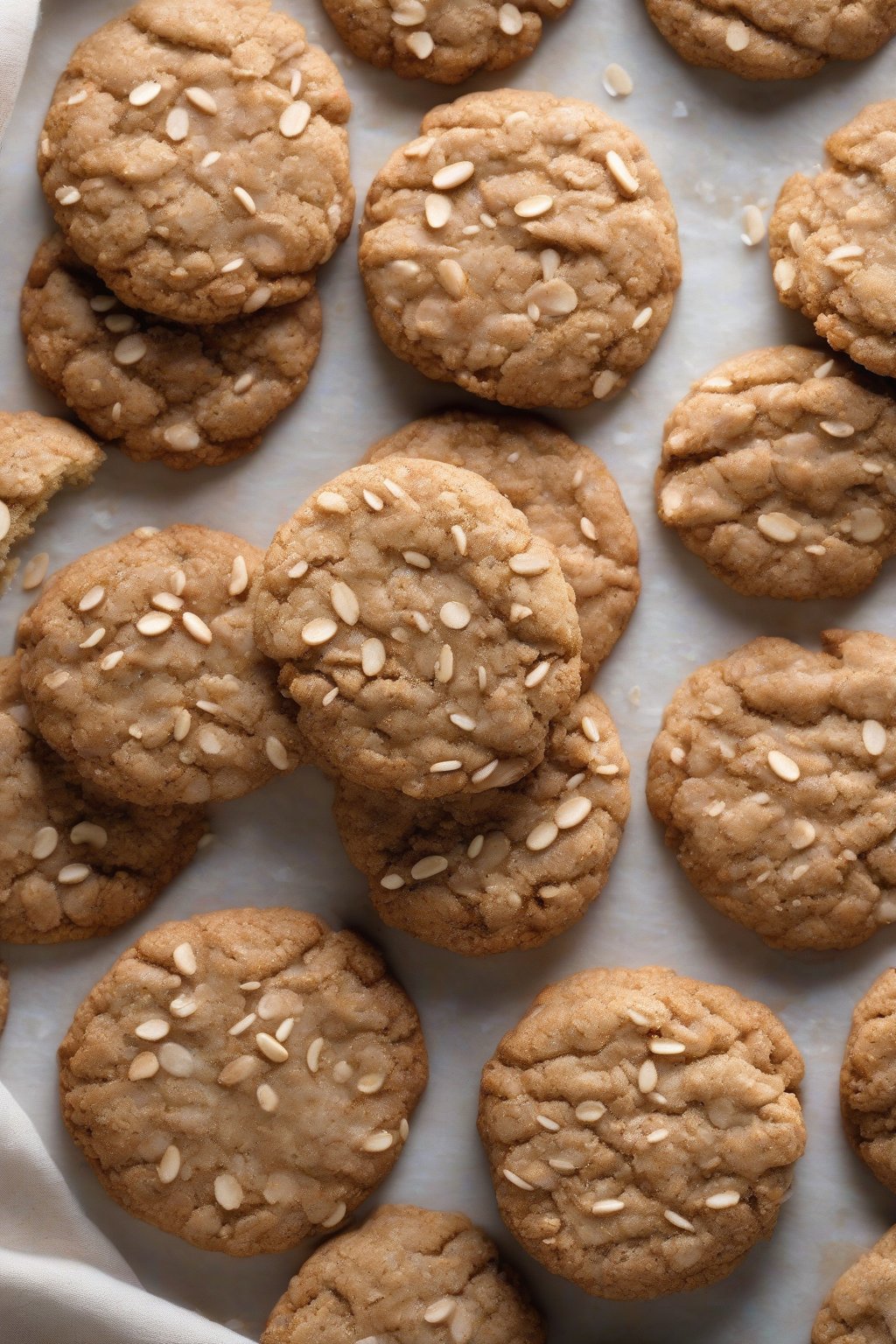 A high-resolution photo of oatmeal snickerdoodle cookies with oats peeking through under soft lighting.