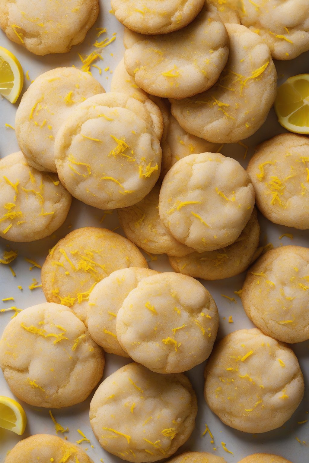 A high-resolution photo of lemon zest snickerdoodle cookies with yellow flecks under soft lighting.