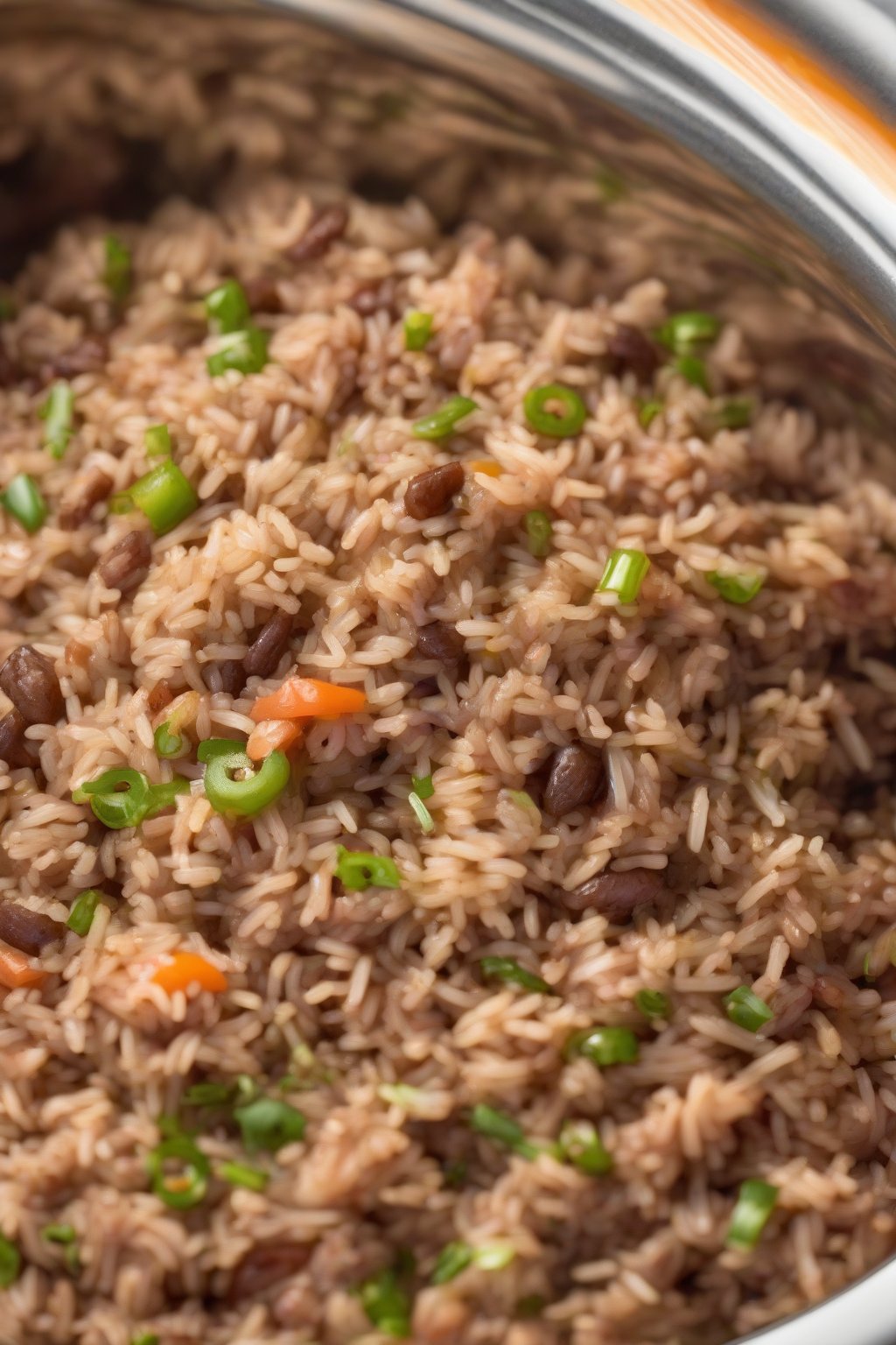 A high-resolution close-up photo of slow cooker dirty rice straight from the pot, glossy and aromatic under soft lighting.