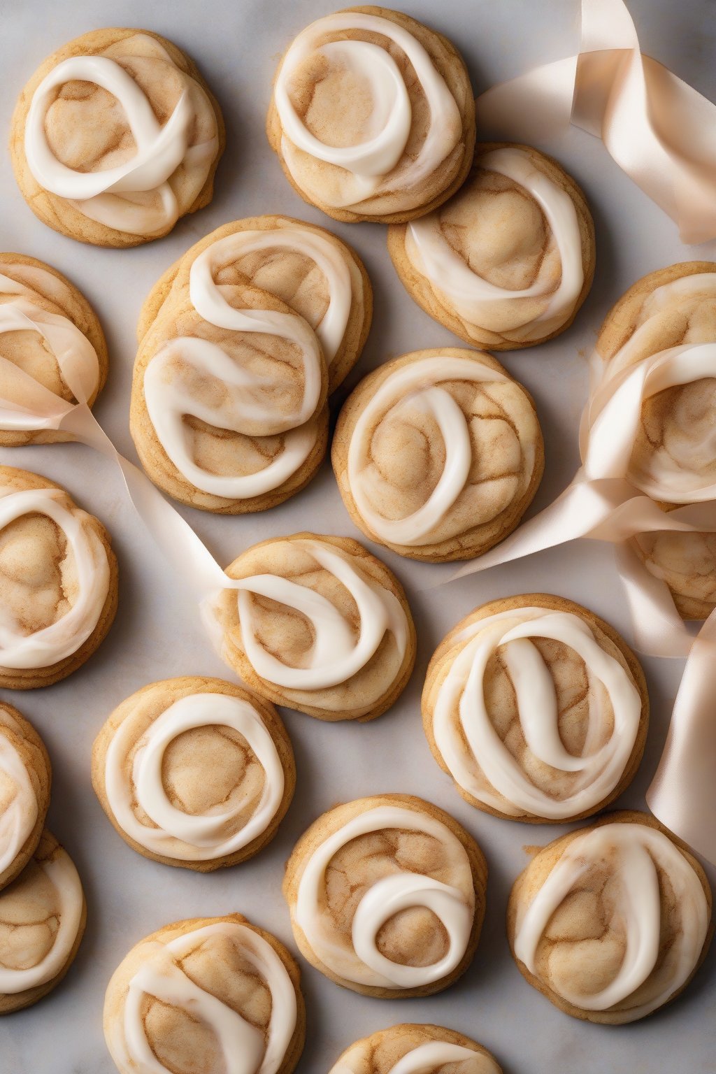 A high-resolution photo of cheesecake swirl snickerdoodle cookies with creamy white ribbons under soft lighting.