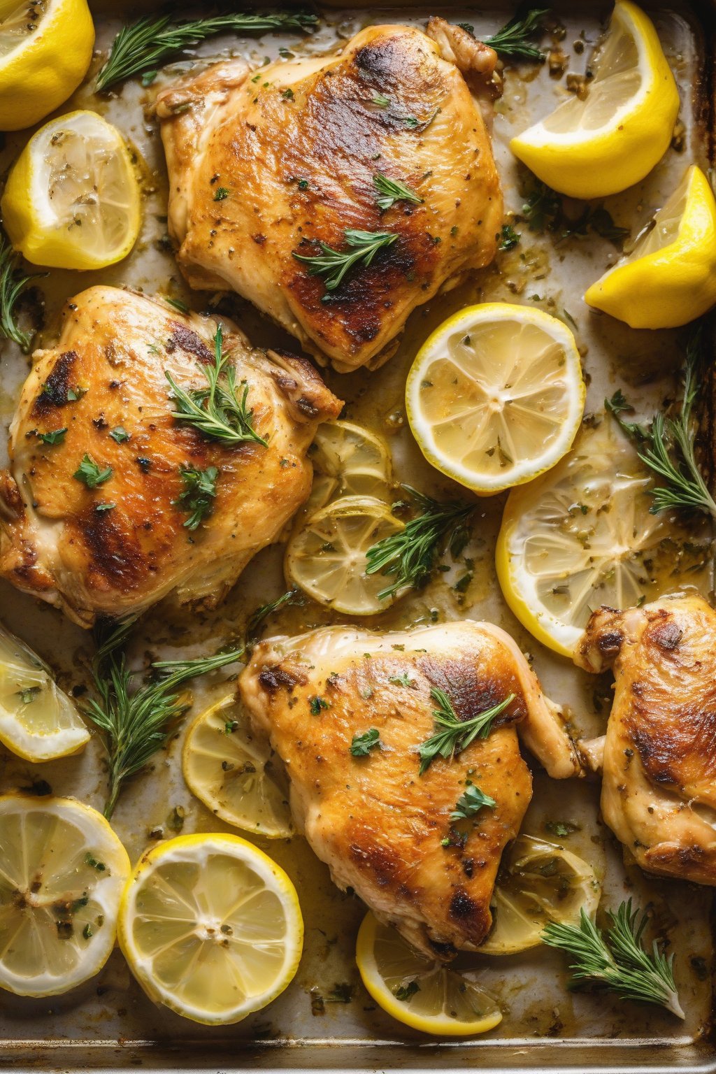 A high-resolution photo of golden roasted lemon garlic chicken thighs on a sheet pan with lemon slices, under soft lighting.
