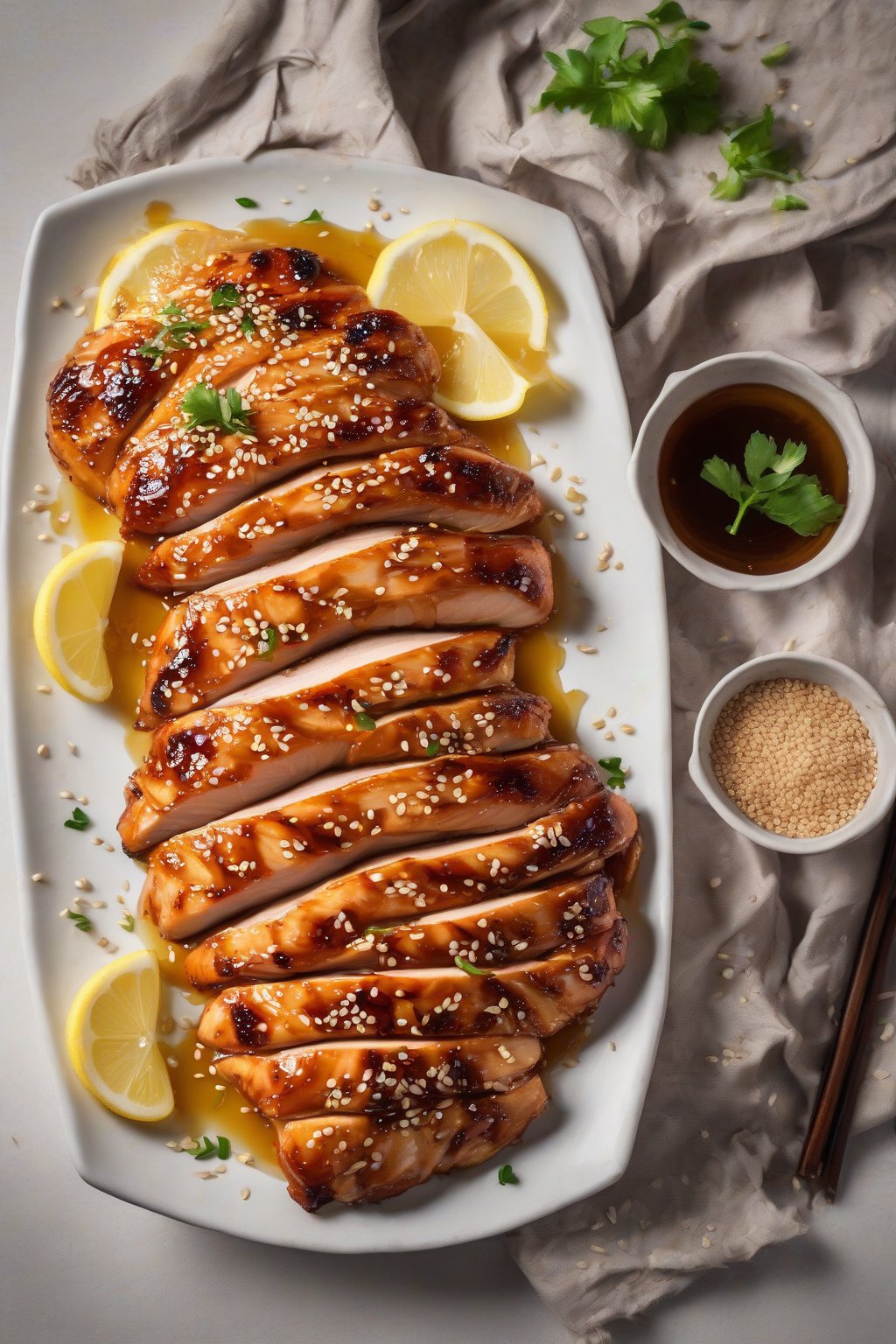 A high-resolution photo of glossy honey lemon glazed chicken breasts sliced on a plate with sesame seeds, under soft lighting.