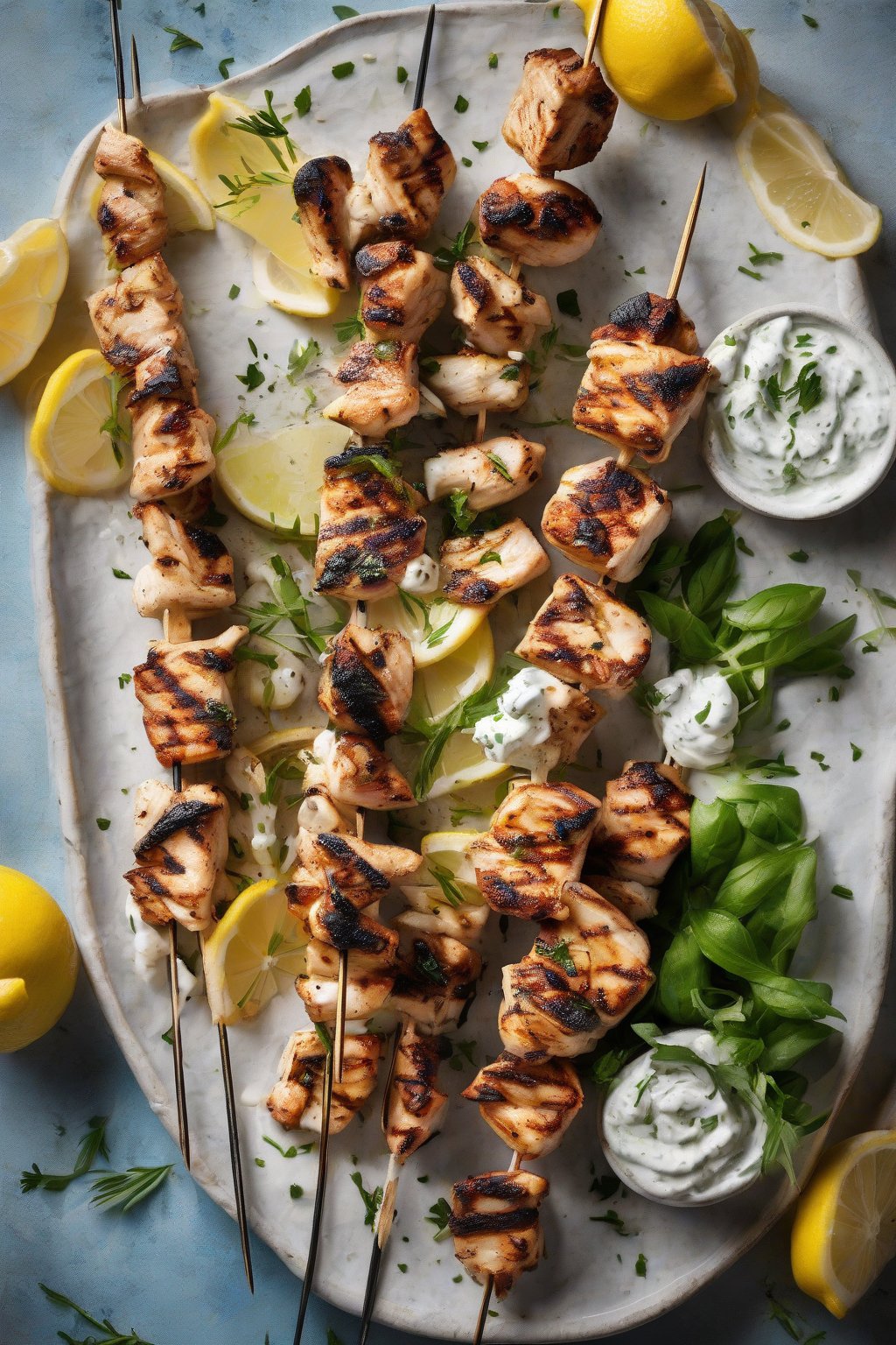 A high-resolution photo of charred lemon chicken souvlaki skewers with tzatziki on the side, under soft lighting.